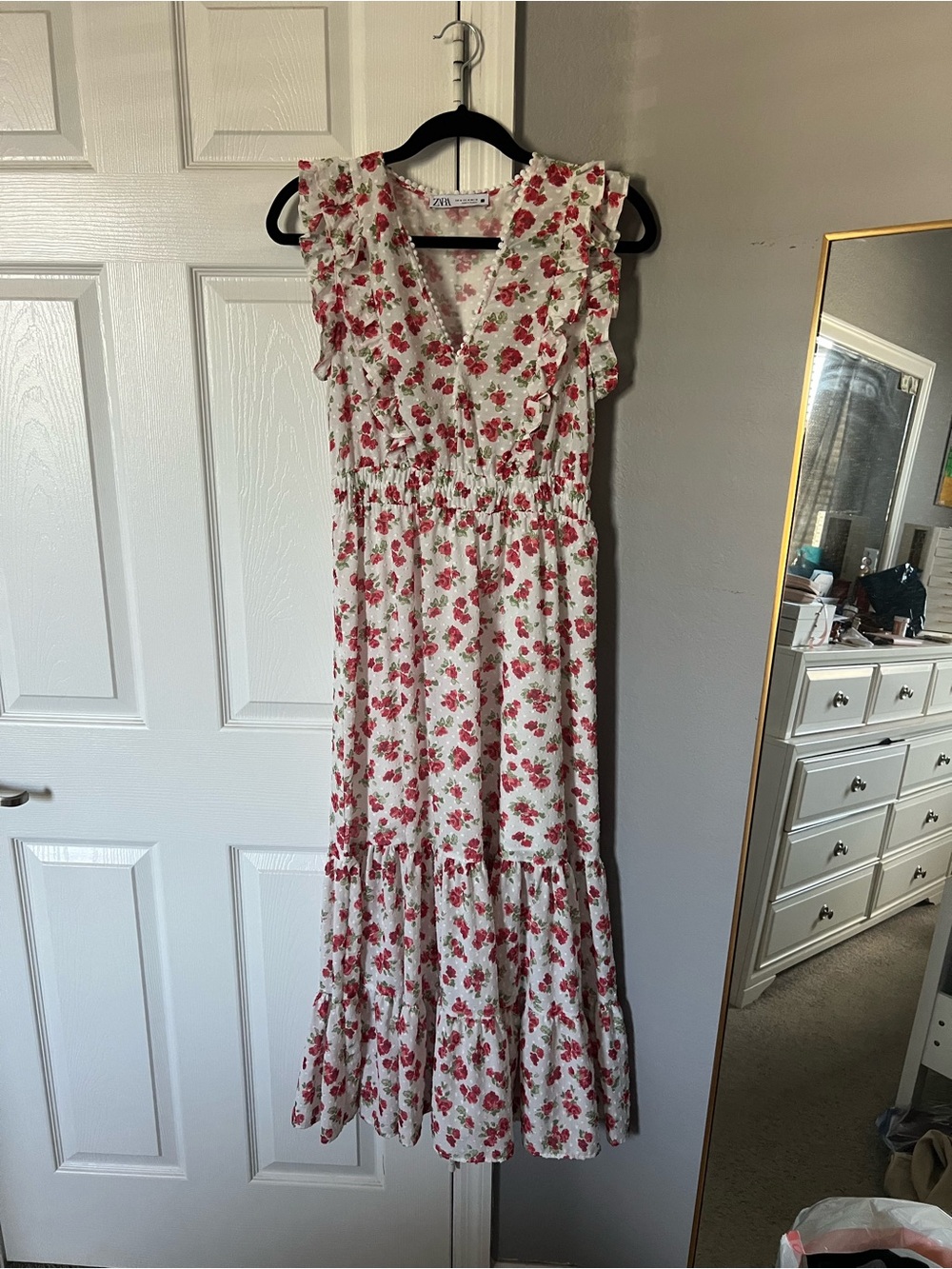 Zara Cream Maxi Dress with Red Floral Print